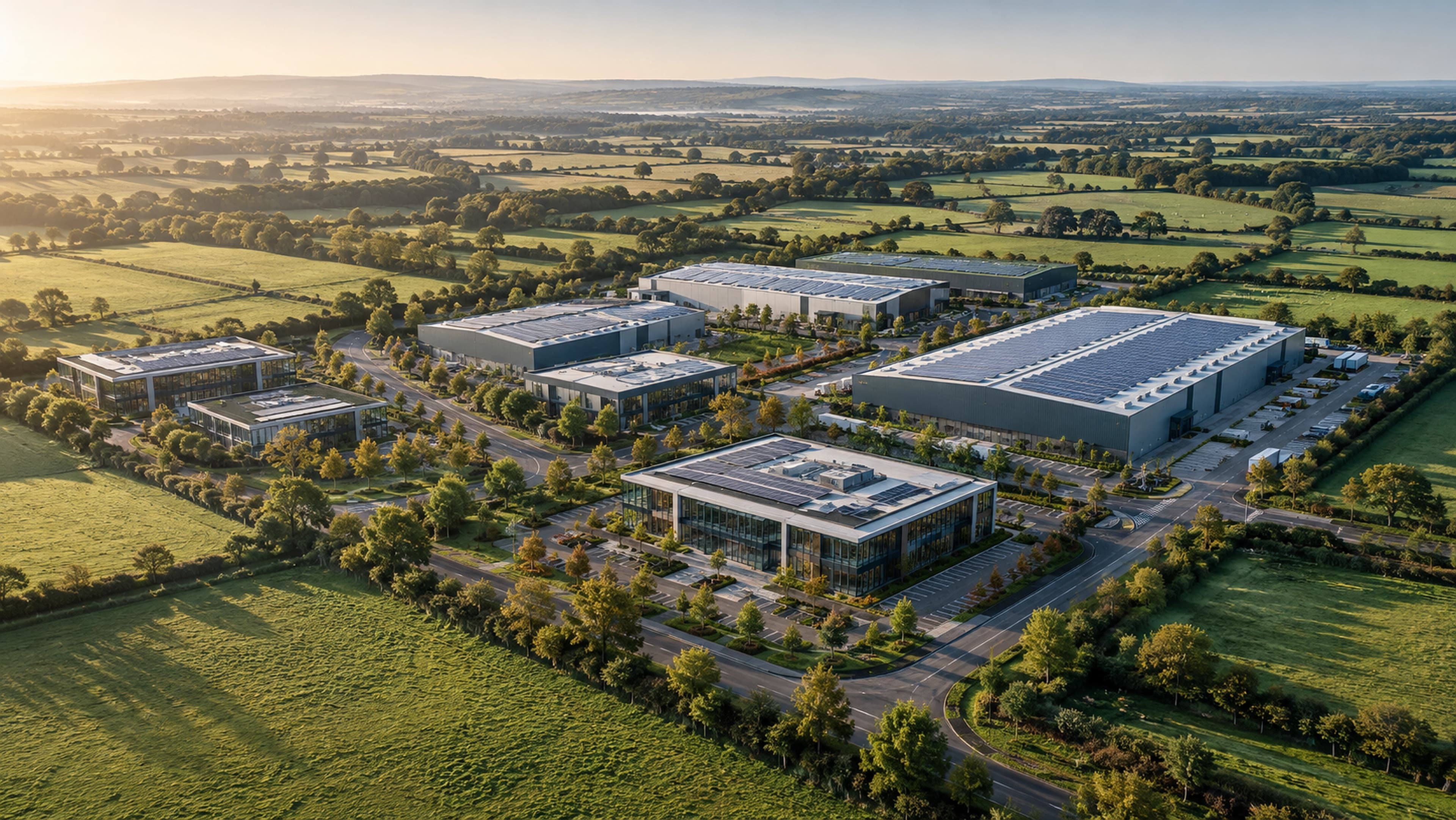 Aerial view of a business park surrounded by English countryside