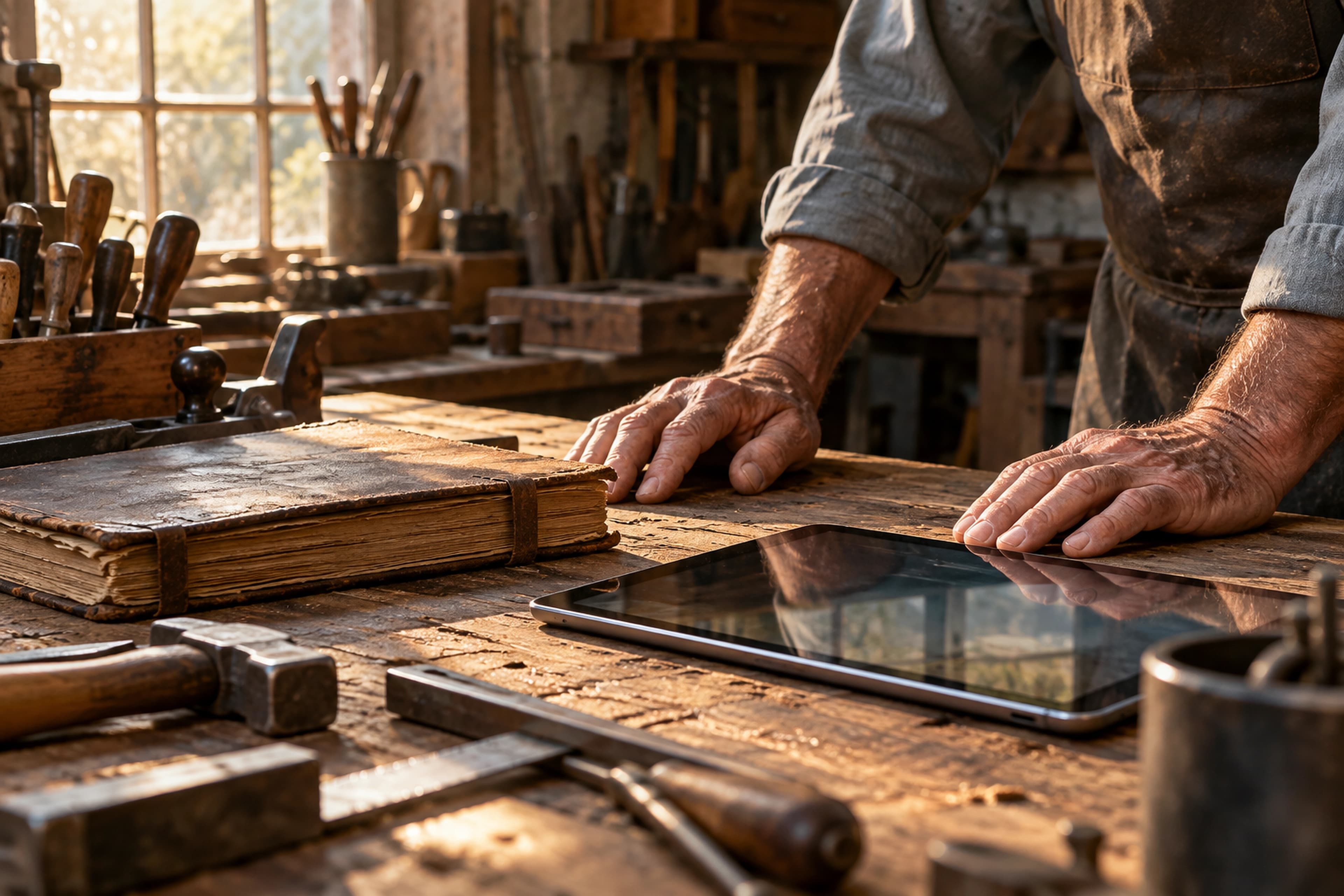 An older founder's hands resting on a well-worn workbench beside a ledger and a tablet