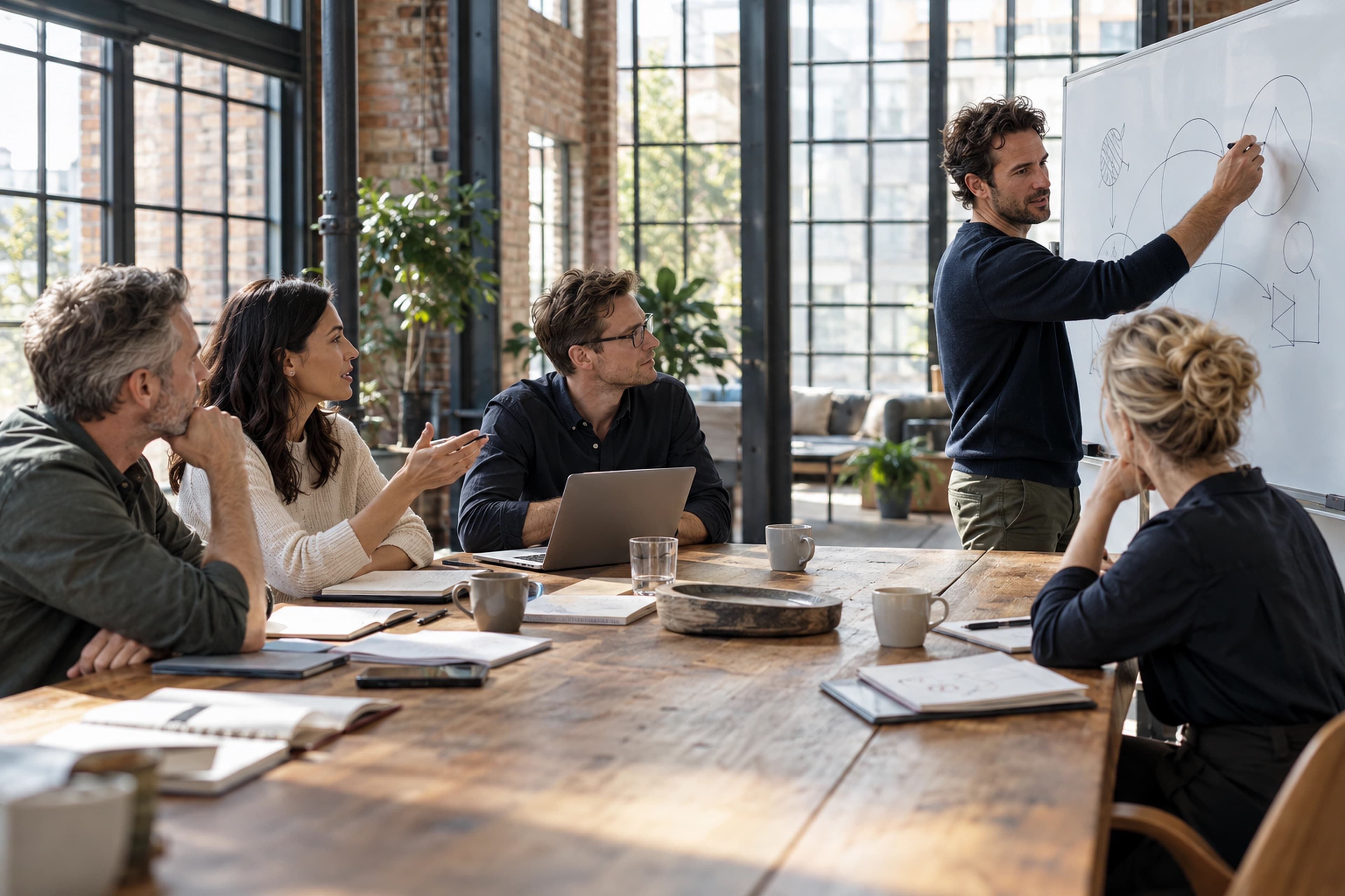 A management team in discussion around an oak table in a bright office